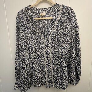 Cotton Bleu Small Blouse Shirt Top Floral Long Sleeves Crochet Trim Cottagecore